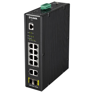 D-Link DIS-200G-12PSW 12-Port Smart Managed Industrial PoE Ethernet Switch, 2 SFP slots, Fanless, DIN-rail, wall, or rack mount